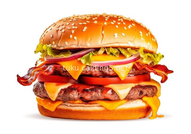 Close-up of Tempting Double-Cheese Bacon Burger: Irresistible Fast Food Delight