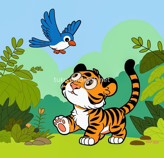 Cartoon Tiger Cub Playing with Blue Bird: Playful Natural Scene Illustration