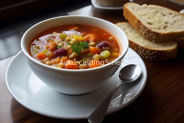 Delicious Vegetable Soup with Garlic Bread – Healthy Meal Close-up