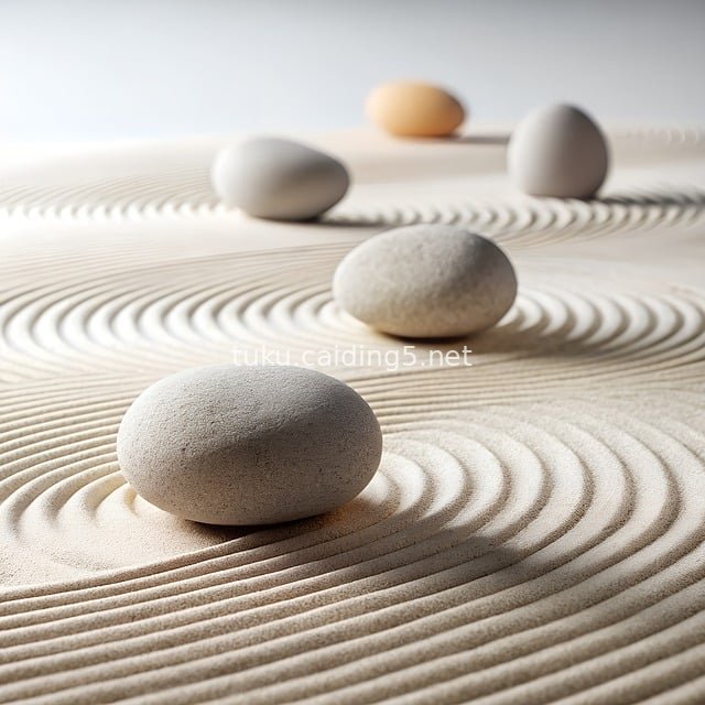 Minimalist Zen Japanese Dry Landscape: Pebbles and Sand Ripples Scene