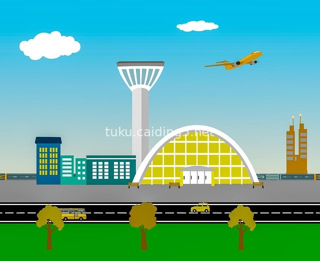 Cartoon Airport Illustration - Plane Takeoff, Control Tower & Traffic Scene Material