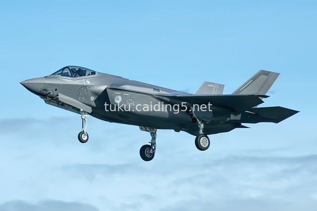 F-35 Stealth Fighter Jet Flying in Clear Blue Sky (Military Aviation Image)