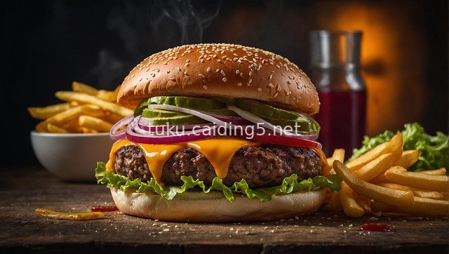 Delicious Cheeseburger with Fries - Tempting Close-Up of Fast Food