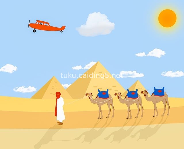 Cartoon Illustration Scene: Camel Caravan, Pyramids in Egyptian Desert, and Airplane