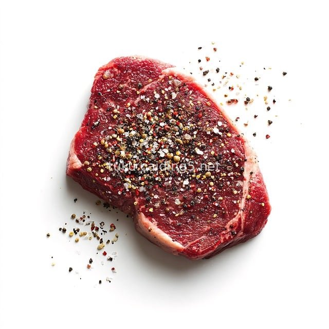 Fresh Raw Steak Sprinkled with Black Pepper, Salt and Chili Flakes - Food Material