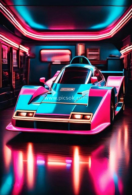 赛博朋克霓虹跑车 炫彩车库未来赛车