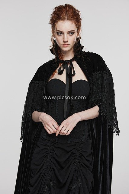 Red-haired Model's Gothic Dark Lace Cloak Fashion Outfit