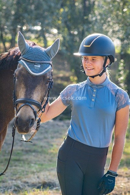 A Young Female Rider Interacting with a Horse in an Outdoor Equestrian Scene
