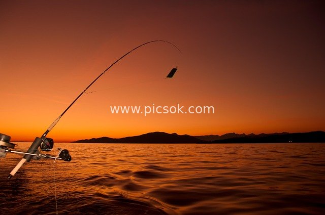 Fishing at Sunset: A Joyful Moment with a Bent Fishing Rod