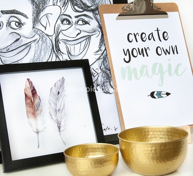 Creative Art Display: Feather Paintings, Magic Quotes & Golden Bowls