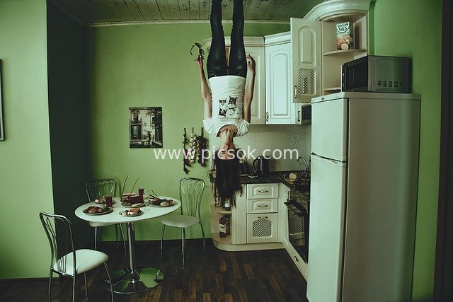 halloween, upside down, kitchen, young woman, ceiling, darkness, gloominess, horror, home, mystic