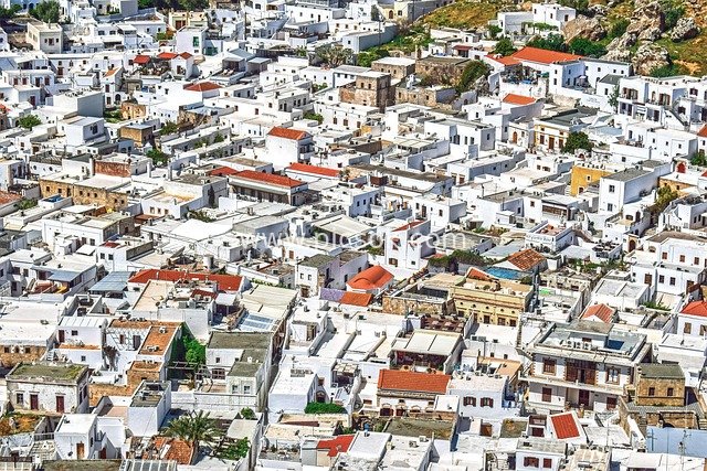 Lindos, Rhodes, Greece: Enchanting Tourist Scenery of White Village Architecture