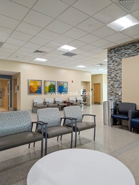 Modern Hospital Waiting Area: Comfortable Seats & Art Decorations