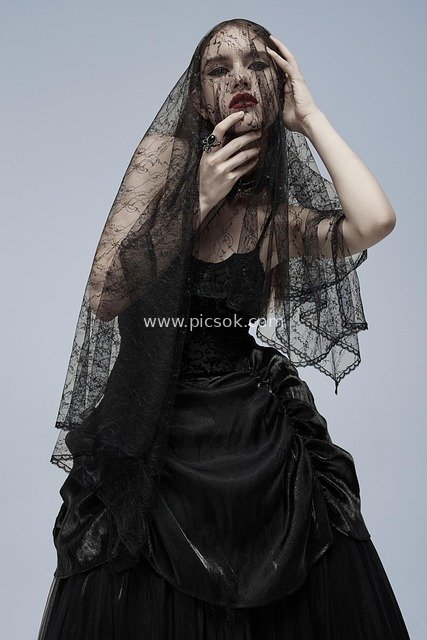 Dark Gothic Halloween Look: Model in Black Lace Veil and Gown