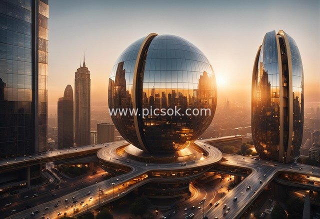 Sci-Fi Scene of Spherical Buildings in a Dusk Future Metropolis