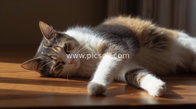 Lazy Calico Cat Lying on Wooden Floor Enjoying Warm Sunshine