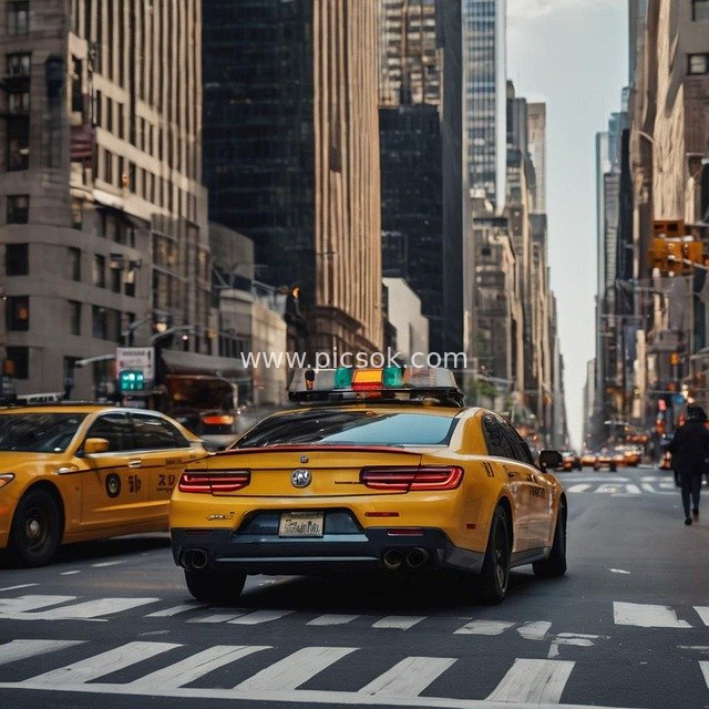 纽约曼哈顿街头黄色出租车与现代建筑