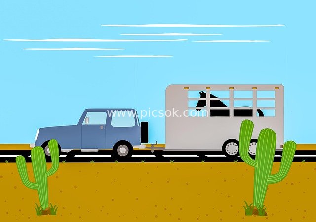 沙漠公路上的蓝色卡车与马拖车卡通插画