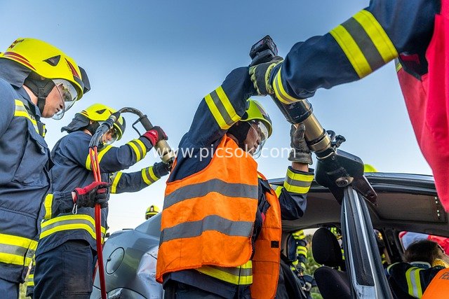 消防员交通事故救援 团队协作实施车辆破拆