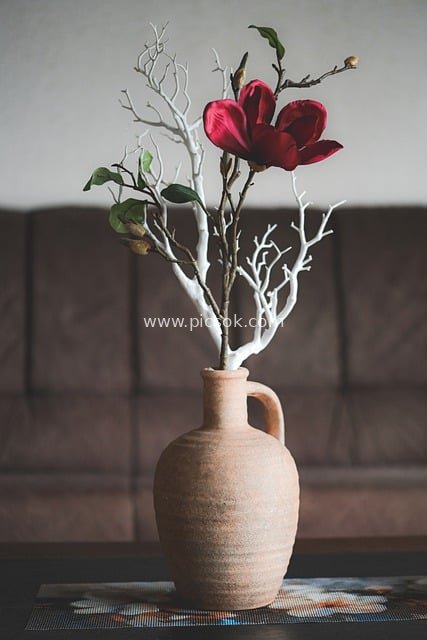 Red Flowers and White Dead Branches in a Clay Vase - Still Life for Home Decor