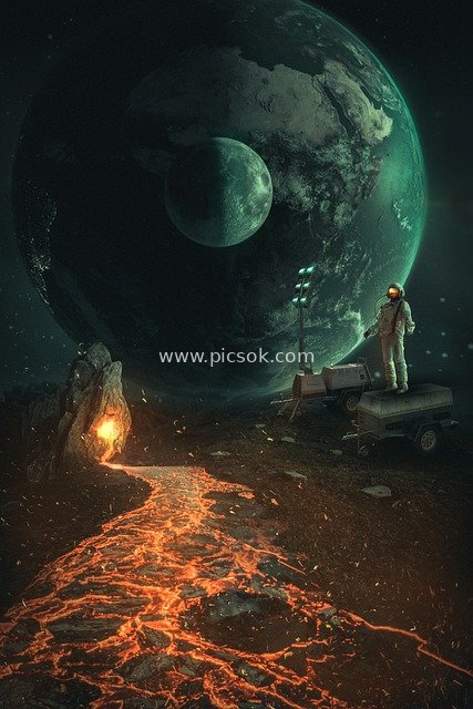 科幻太空：宇航员探秘熔岩星球场景图