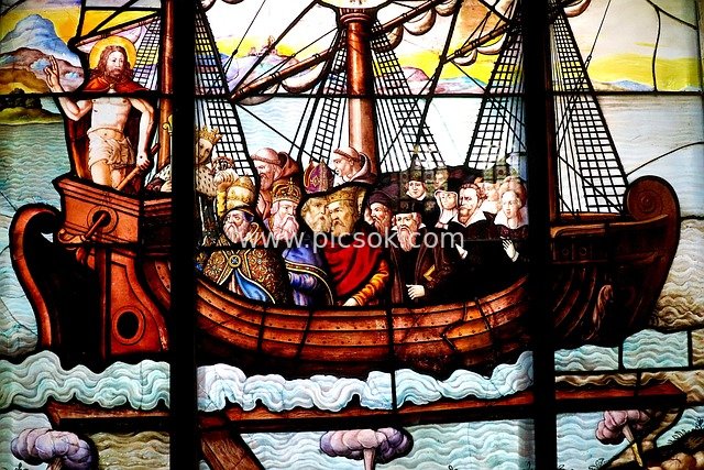 17th-Century Stained Glass Ship Scene at Saint-Étienne Church in Paris