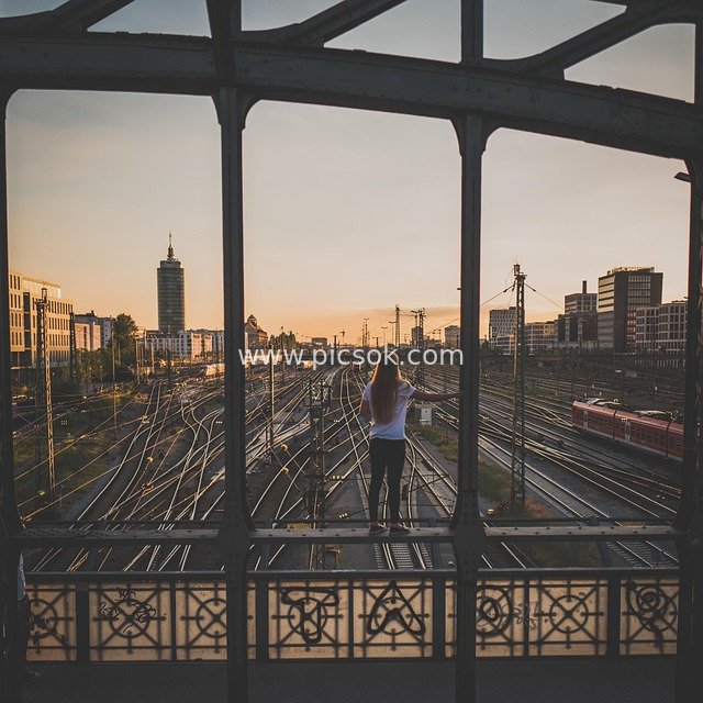 munich, hacker bridge, architecture, city, traffic system, bridge, station, train, state capital, bavaria, tracks, sunset, dusk
