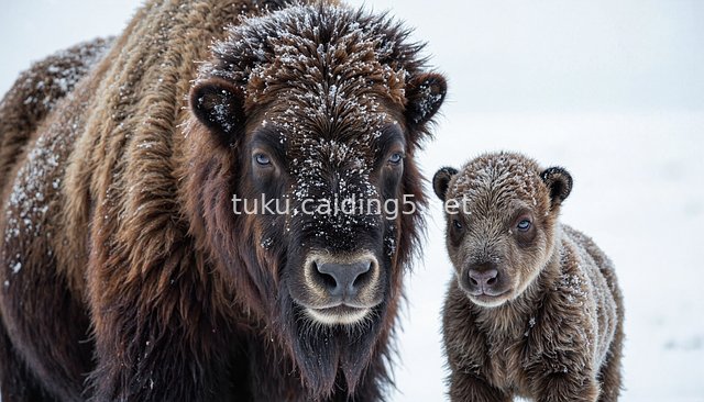 Bison Mother and Calf in Winter Snow: A Warm Wildlife Scene