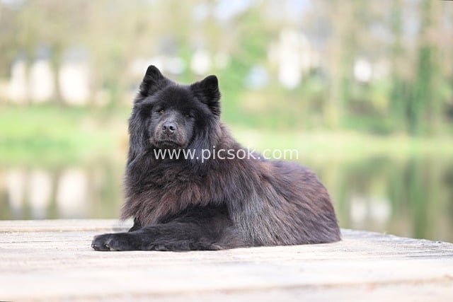 Black Eurasian Dog Lying on Waterfront Wooden Plank: Adorable Natural Vibe of a Companion Dog