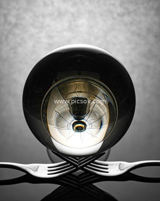 创意光影艺术：灯泡与叉子的黑白创意构图