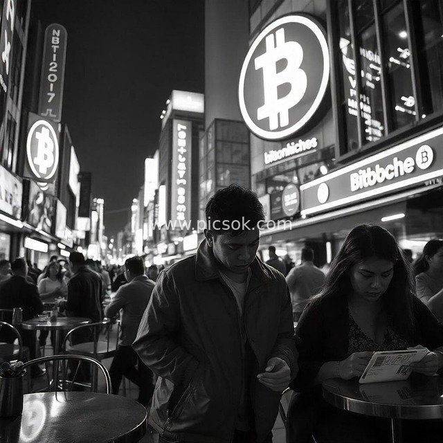 Bustling Night Street with Bitcoin Signage and Crowds