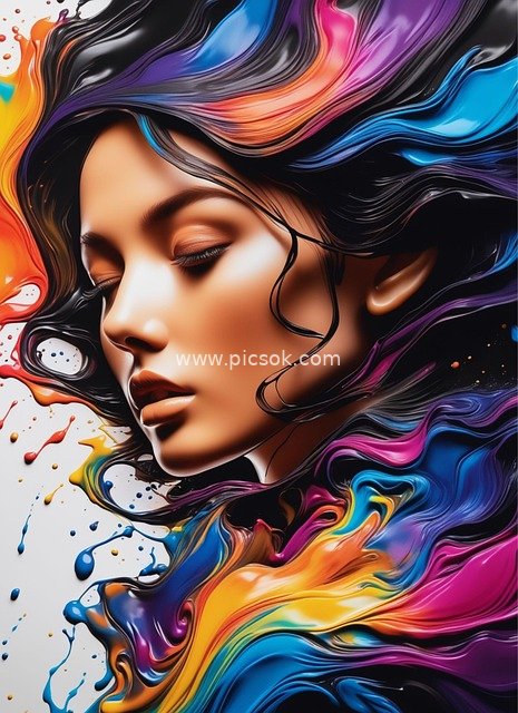 AI-Generated Colorful Fluid Art Female Portrait & Creative Dreamy Illustration