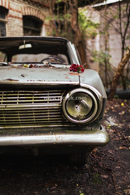 Abandoned Vintage Car with Red Rose: A Time-Worn Classic Scene