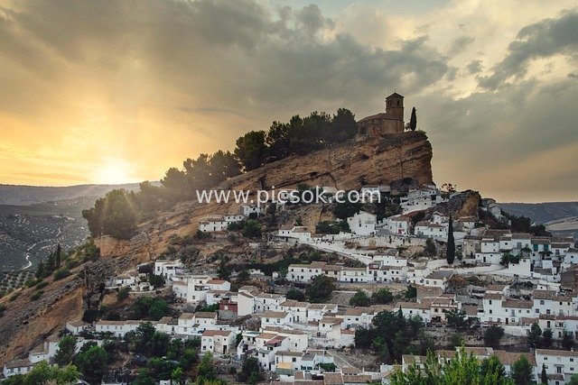 Sunset Scene of the Church in Montefrio Mountain Town, Spain