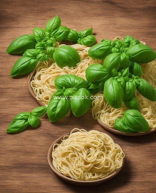 鲜绿罗勒与意面 厨房烹饪食材组合