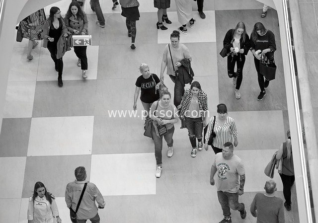 Moments of People Shopping and Strolling in a Mall from a Black-and-White Perspective