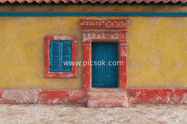 Entrance View of a Rural House with Yellow Walls, Red Trim, and Blue Doors/Windows