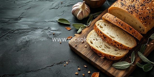 新鲜烘焙面包与大蒜香草的美食场景