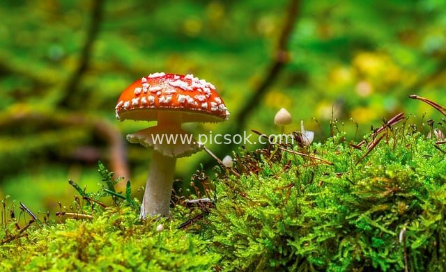 森林苔藓上的毒蘑菇 自然生态菌菇特写