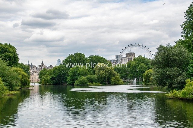 Lake View in London Park with London Eye and City Skyline