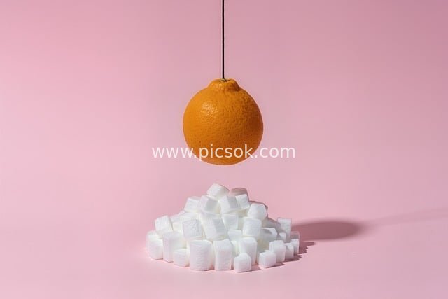 创意极简：粉色背景下悬挂橙子与方糖堆的艺术图