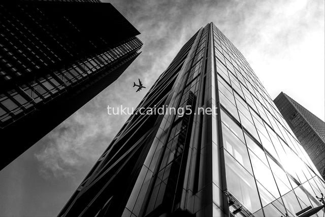 Black-and-White London Skyscrapers: Plane Cutting Through City Skyline