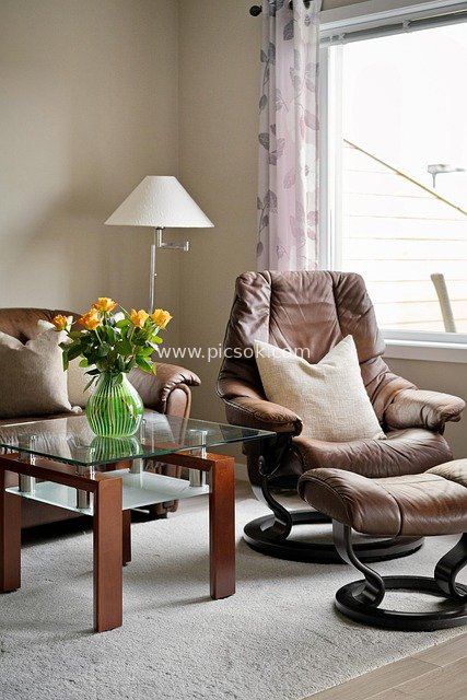 Cozy Modern Living Room with Brown Leather Furniture and Glass Coffee Table Decoration