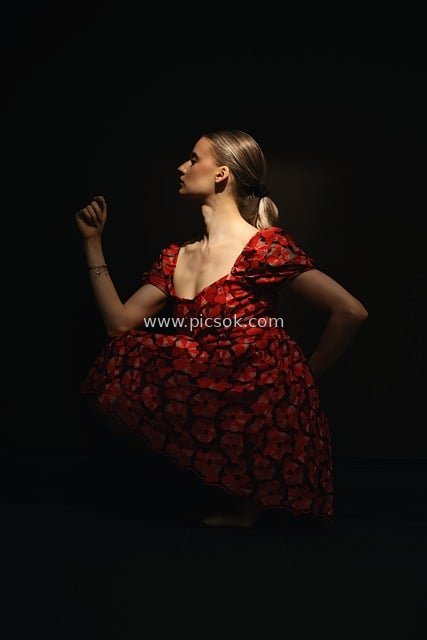 Art Portrait Photography of a Fashion Model in a Red Floral Dress