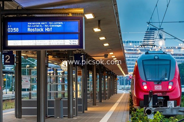 Red DB Train and Electronic Timetable at a German Railway Station Platform