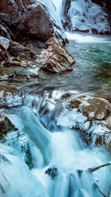 Frozen Waterfall & Stream in Mountains - Natural Landscape of Rocks, Ice & Snow