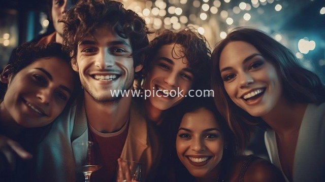 Joyful Friends Gathering Under Warm Lights: Smiles Radiating Happiness