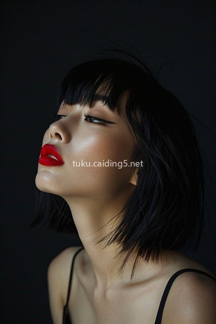 时尚红唇妆容女性肖像 黑色背景模特造型