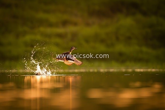 夕阳下野鸭起飞水面溅起水花的自然瞬间