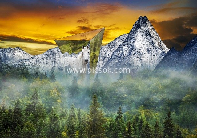 Fantasy Journey of the White Horse: Surreal Landscape of Forest, Snow Mountain, and Sunset